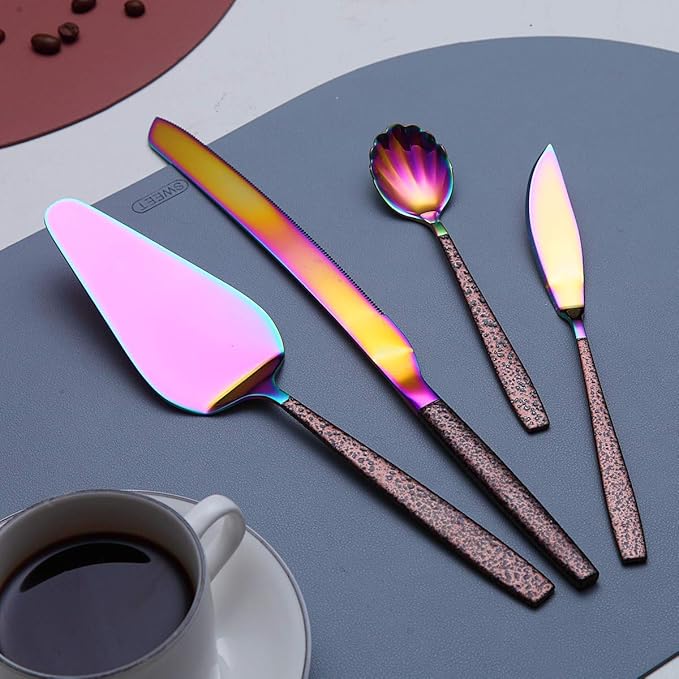 Berglander Silverware Serving Set 10 Pieces With Moon Surface Handle And Shiny Rainbow Mouth Titanium Plating, Stainless Steel Modern Colorful Flatware Serving Set Serving Spoons Serving Utensils