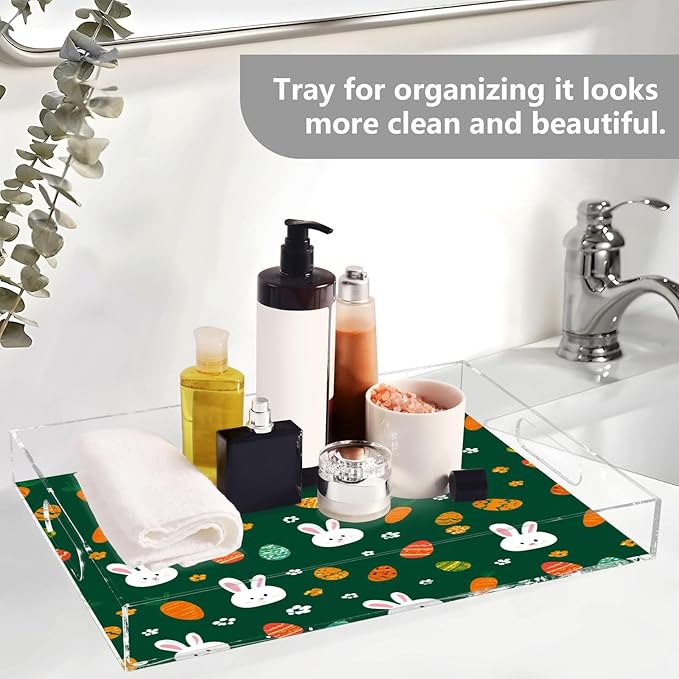 Serving Tray with Handles Clear Acrylic Tray 12x16 Inch Decorative Rectangular Tray Organizer for Ottoman Coffee Table Bathroom Deep Green Easter Rabbit Eggs Carrots