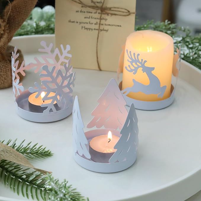 Christmas Candle Holders Set of 4, Metal Christmas Table Decor Centerpiece Pillar Tealight Votive Candle Holders, Vintage Indoor Christmas Table Decorations 4PCS