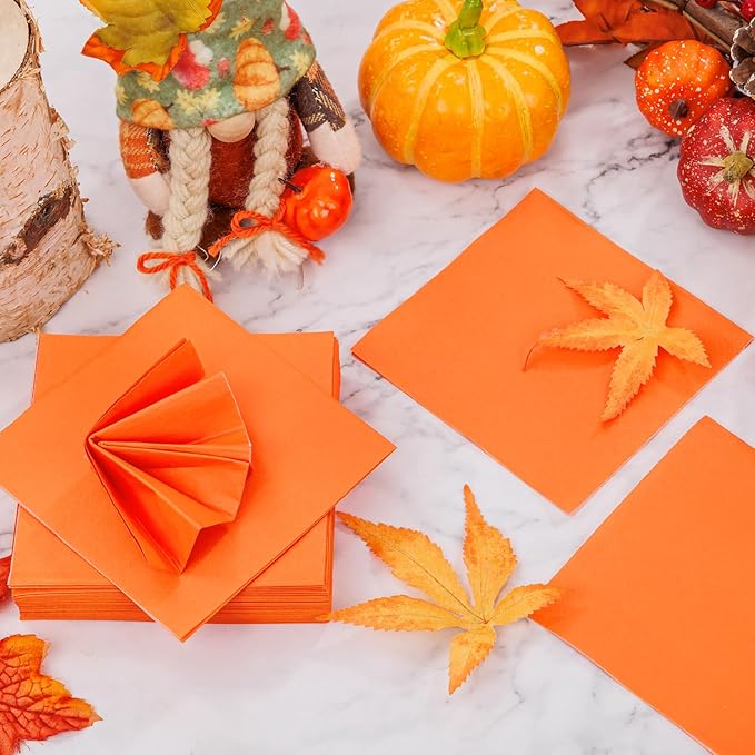 FLOWERCAT 100-Count 2-Ply Orange Napkins -Orange Cocktail Napkins Disposable Premium Quality - 5" x 5" Fall Paper Napkins for New Year Party,Fall,Bar,Weddings