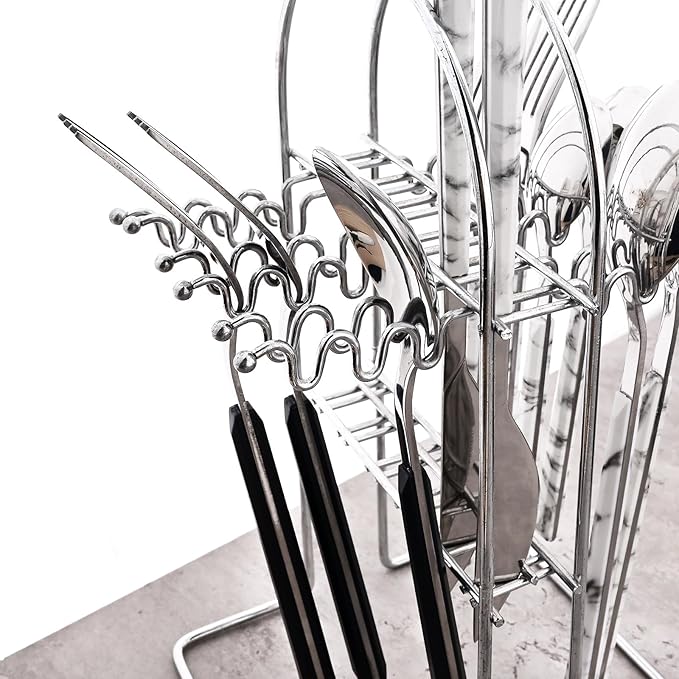30pcs Modern Handle Flatware Set, Stainless Steel Cutlery Set Include Knife/Fork/Spoons, Mirror Polish, Service for 6 (Black Silver)