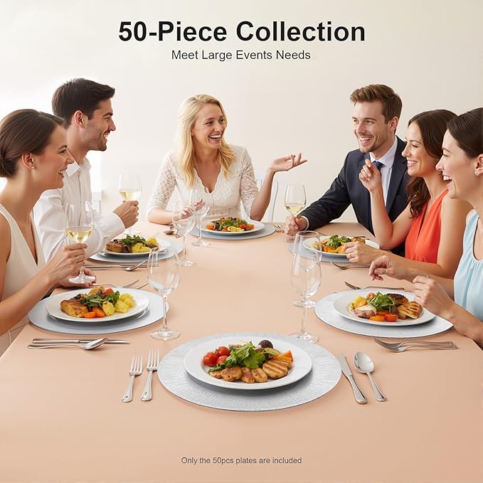 50Pcs Round Chargers Plates Bulk Plastic Charger Serving Plates for Dinner Wedding Chargers Plate for Tabletop Decor,13in(50pcs-Silver)
