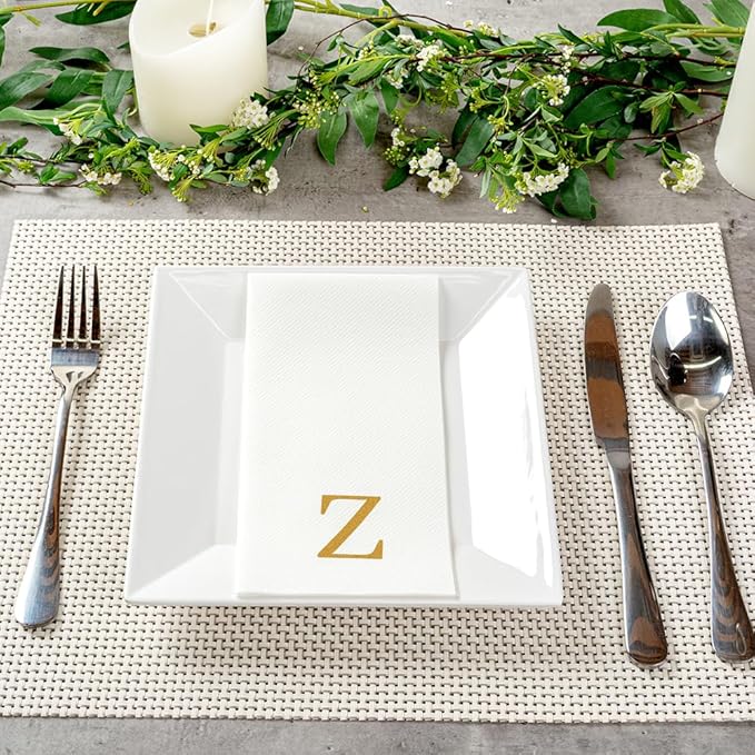 Luxenap 15.8 X 7.9 Inch Linen-Feel Guest Towels, 50 Lettered Hand Towels - Gold Letter 'Z', Sans Serif Font, White Paper Dinner Napkins, airlaid, For Restrooms And Tables - Restaurantware