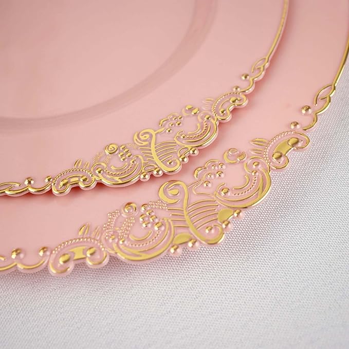 8" Salad Plates -Set of 10 - Plastic Rose Gold Round Baroque Disposable Chargers Leaf Embossed Rim, Ideal for Dinner Party Wedding Bulk Events