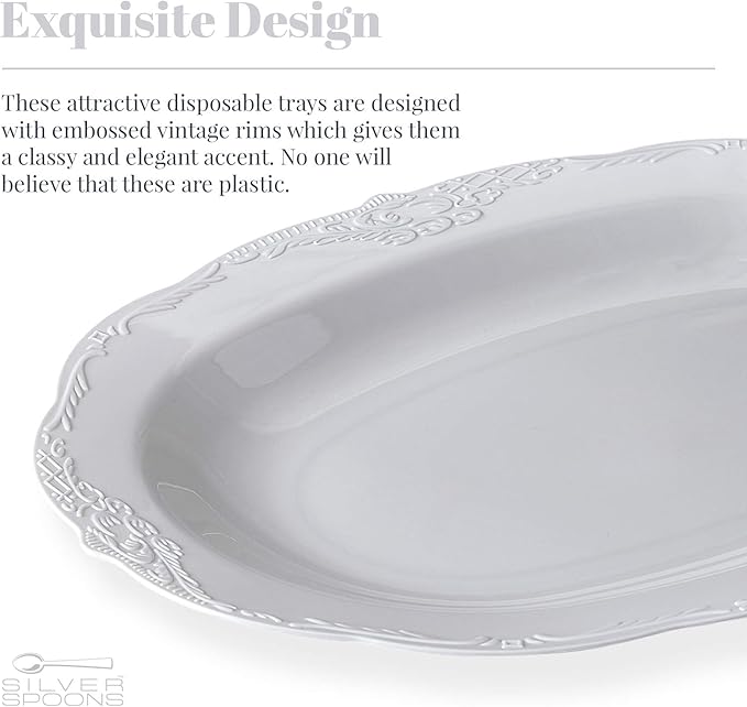 Vintage Embossed Serving Trays (3 PC) Disposable Platters for Party 12.5" x 9", Plastic Trays for Food, Snacks, Charcuterie, Desserts, Sweets, Perfect for Upscale Weddings, Buffets, and Events - Grey