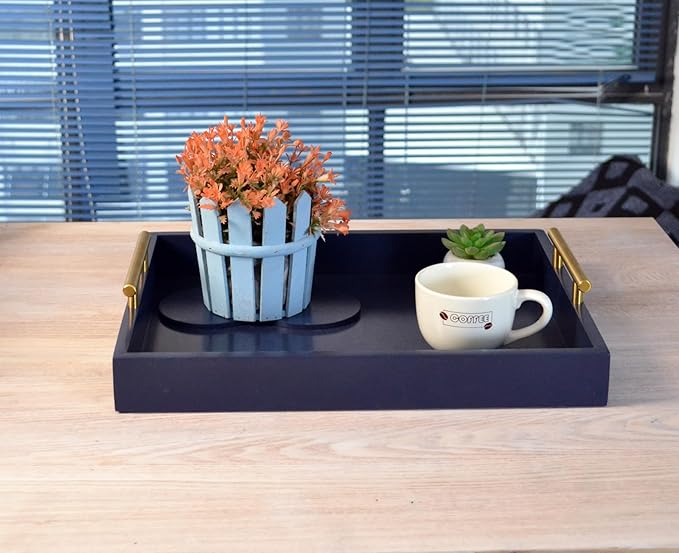 Decorative Tray with Polished Gold Metal Handles, Living Room Bathroom Coffee Bar Organizer Modern Tray for Decorative Accent Tray for Storage and Display (Sea Blue)