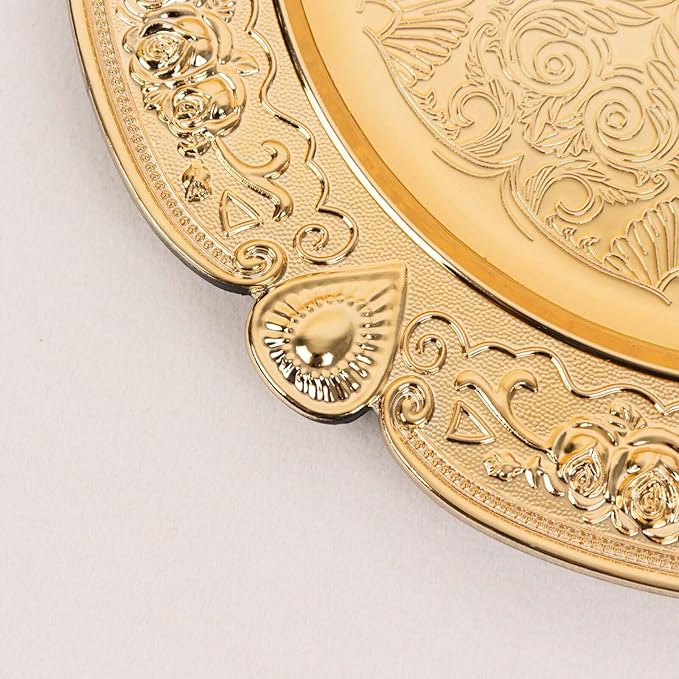 Efavormart 6 Pack Gold Floral Embossed Acrylic Charger Plates With Scalloped Rim, 13" Round Plastic Decorative Serving Plates