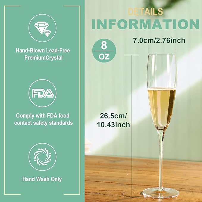 Champagne Flutes Set of 4, 8 oz, Hand Blown Lead-Free Premium Crystal Champagne Glasses, mint green Thread with Stem,Thin Rim, -Daily Use,Unique Wedding Anniversary or Birthday Gift,Party