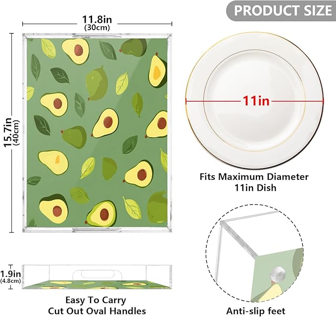 Serving Tray with Handles Clear Acrylic Tray 12x16 Inch Decorative Rectangular Tray Organizer for Ottoman Coffee Table Bathroom Green Avocado and Leaves
