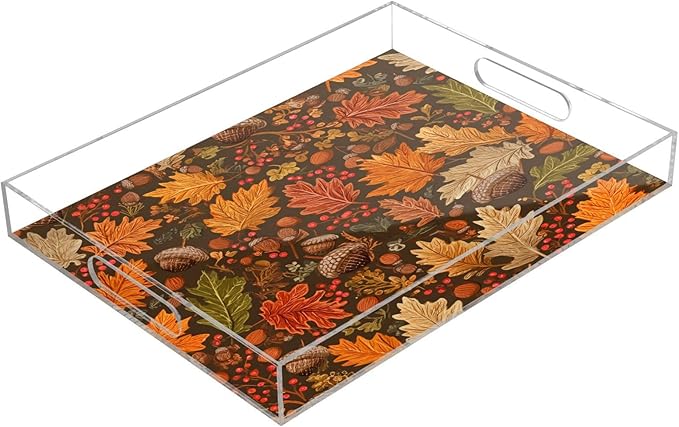 Serving Tray with Handles Clear Acrylic Tray 12x16 Inch Decorative Rectangular Tray Organizer for Ottoman Coffee Table Bathroom Brown Maple Leaves Acorns Berries Branches