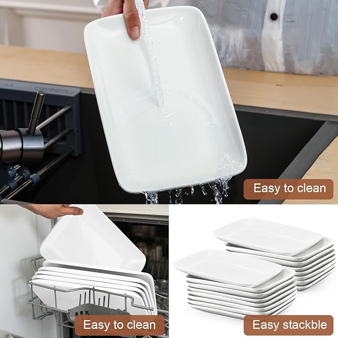 Irenare 16 Pcs 10 Inch Rectangular Salad Plates White Rectangular Porcelain Dessert Plates Appetizer Serving Tray Rectangular Porcelain Platters for Fruit Sushi Dinner Parties, Microwave, Oven Safe