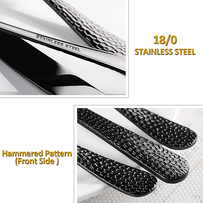 40 Piece Forged Black Flatware Set for 8 SANLUNS Stainless Steel Heavy Hammered Silverware Fine Dining Utensils Tableware Unique Cutlery Knives Forks Spoons,Reusable Holiday Gifts Mirror Dishwasher