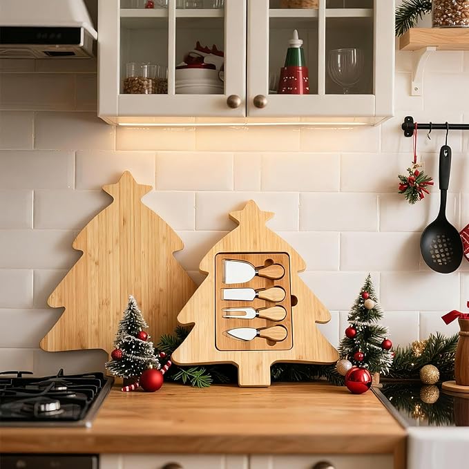 Remerry Christmas Bamboo Cutting Board Tray and Knife Set Xmas Tree Serving Tray Christmas Serving Dishes Charcuterie Board Platter Food Plate for Cheese Fruit Dessert Kitchen Party Gift Supplies