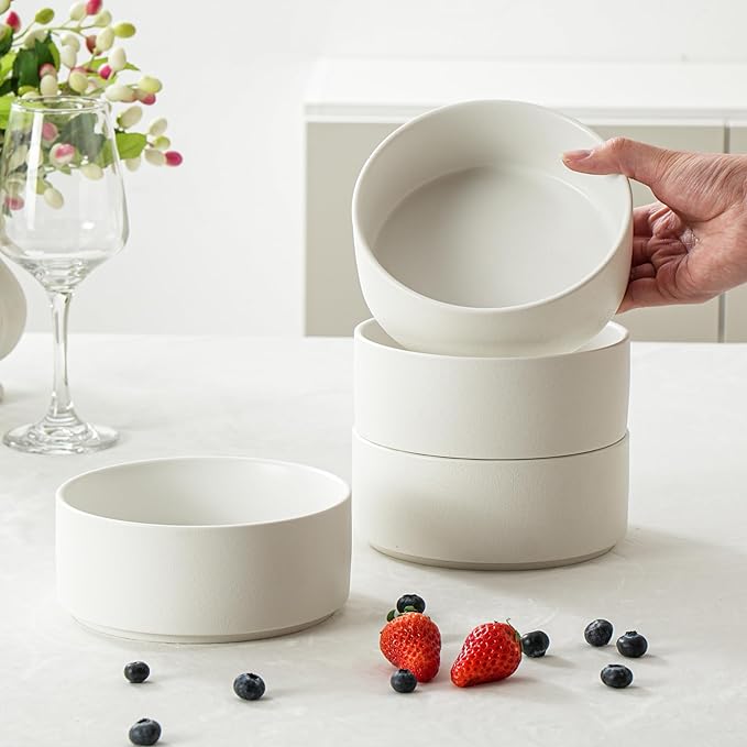 26 OZ Cereal Bowl, 6 Inch Ceramic Bowls Sets for 4, Suitable for Breakfast, Soups, Oatmeal, Ramen, Pho, Udon and Ssoba, Dishwasher & Microwave Safe, Handcrafted Bowls Sets,Modern White