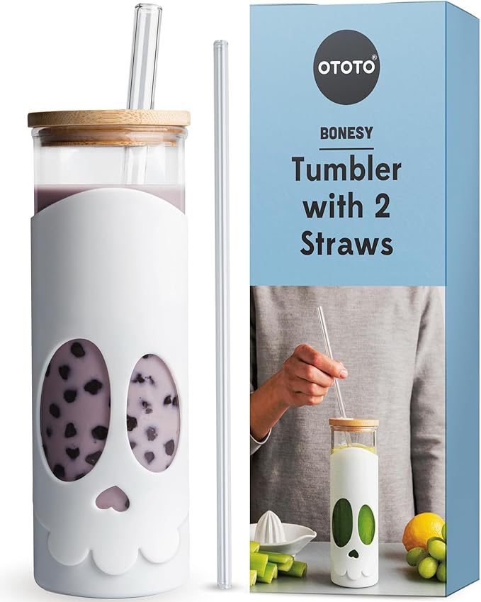 OTOTO NEW Bonesy Glass Tumbler with Straw and Lid - 17oz Cute Water Bottle Tumblers, Goth Accessories, Spooky Gifts, Halloween, Skull Glass Cup with Lid and Straw, Goth Gifts (White)