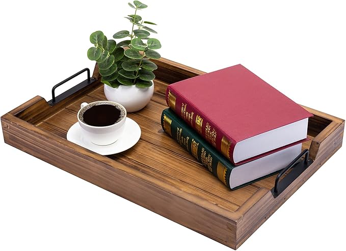 MyGift Burnt Wood Large Serving Tray with Handles, 20 x 14 Ottoman Tray, Breakfast, Coffee Server Tray