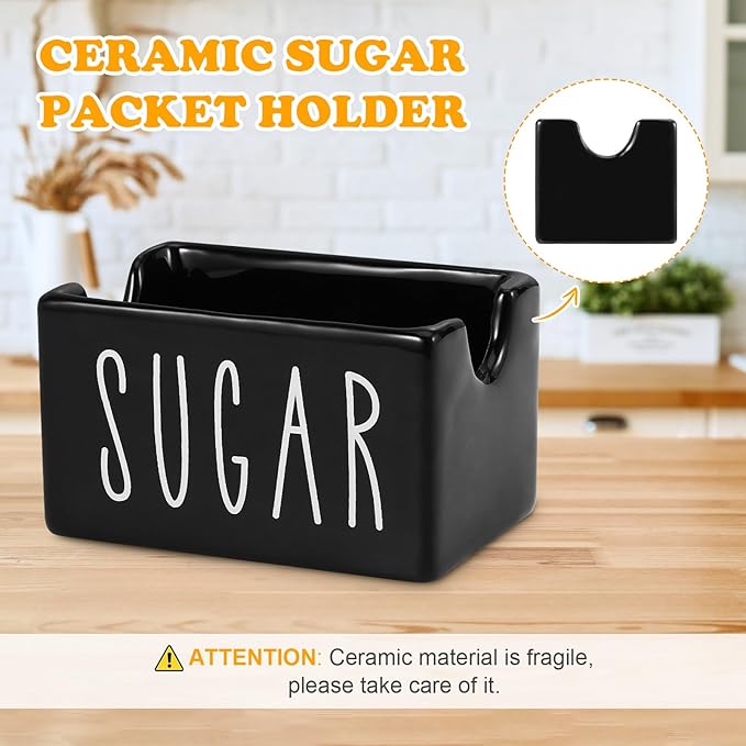 Ceramic Sugar Packet Holder for Coffee Bar, Caddy, Container, Dispenser, Organizer for Table, Office, Hotel, Restaurant (Black)