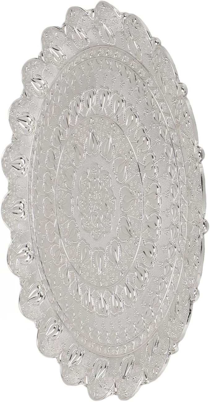 Vintage Style Round Coffee Serving Tray with Embossed Pattern, Retro Tea Coffee Plate for Bar, Outdoor Dresser, Dessert (Silver)