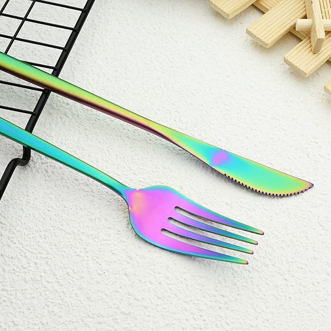 30-Piece Stainless Steel Silverware Set, Attractive Matte Finished Flatware Set, Serving for 6, Classic Cutlery set for Home/Restaurant，Includes Dessert Spoons Forks - Rainbow
