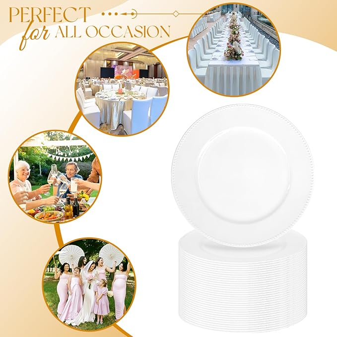 fani 50 Pcs White Charger Plates Bulk, 13'' Round Beaded Dinner Charger Plates, Plastic Reusable Vintage Table Decoration for Wedding, Party, Reception, Event, Holiday Supplies
