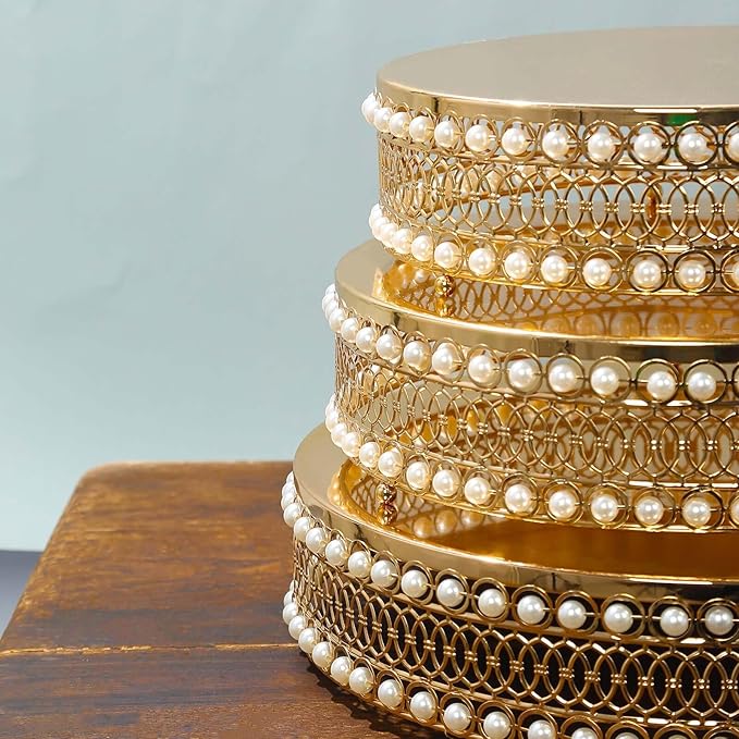 Efavormart Set of 3 Pearl Beaded Gold Metal Cake Stands with Mirror Top, Stackable Round Cupcake Holder Dessert Display Stands - 12",14",16"
