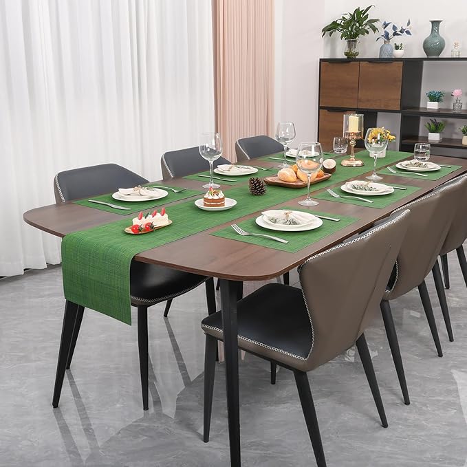 Myir JUN Placemats Set of 6, Vinyl Woven Placemats Place Mats Indoor Washable Table Mats Non-Slip Place mats for Dining Table (Dark Green, Set of 6)