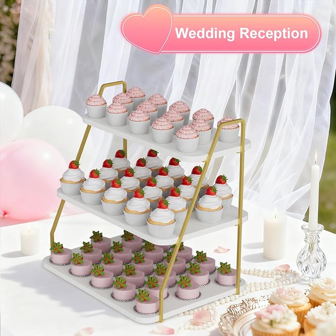 Cupcake Stand, 3-Tier Dessert Stand for 55 Cupcakes, Wood & Metal Tower Display Premium Holder Dessert Tree Tower for Christmas Birthday Weddings Party Decor, Serving Tray (White & Gold)