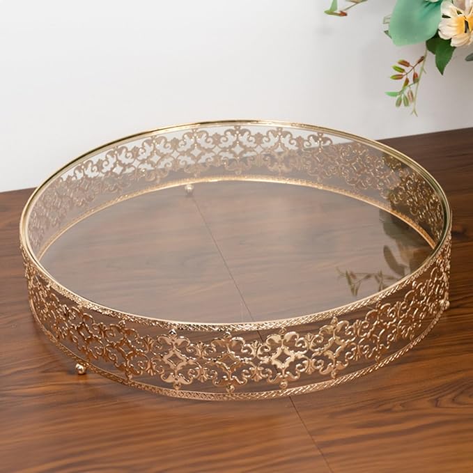 Efavormart Cake Stand in Gold Baroque Ornate with Glass Top, Round Dessert Display Tray - 18"