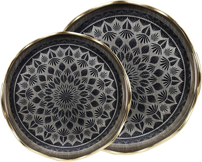 SINT Serving Tray with Antique Look & Stylish Design, Decorative Trays with Handles for Kitchen, Round Ottoman Tray for Dinning | Living Room & Home Décor | Pack of 2
