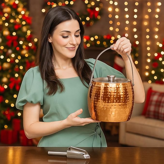BREKX Rose Copper Beverage Tub and Ice Bucket with Lid and Scoop Party Combo Pack, Stainless Steel Double-Walled Insulated Barware Set