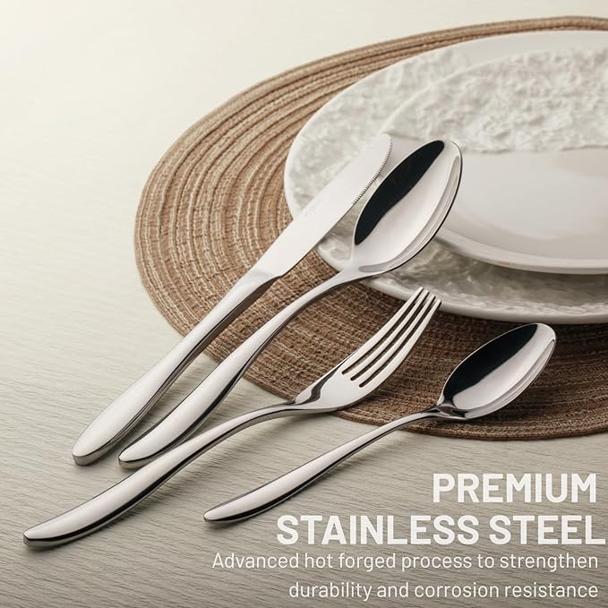 VIVANI 16 Piece Slender Silverware Set for 4, Forged Stainless Steel Flatware Set with Steak Knives, Waterdrop Handle Cutlery Set for Home, Hotel, Dishwasher Safe, New Home Gift