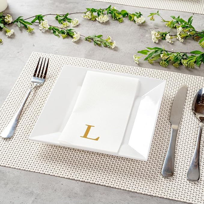 Luxenap 15.8 X 7.9 Inch Linen-Feel Guest Towels, 2000 Lettered Hand Towels - Gold Letter 'L', Sans Serif Font, White Paper Dinner Napkins, airlaid, For Restrooms And Tables