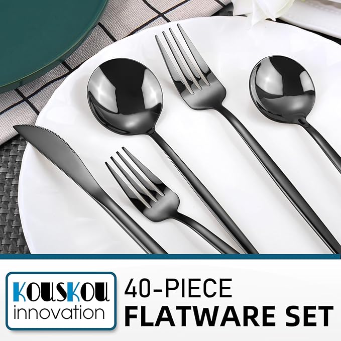 Mirror Black Silverware Set, 40-Piece Flatware Cutlery Sets Service for 8, Mirror Polished Tableware Set, Utensils for Kitchens, Home and Restaurant, Dishwasher Safe
