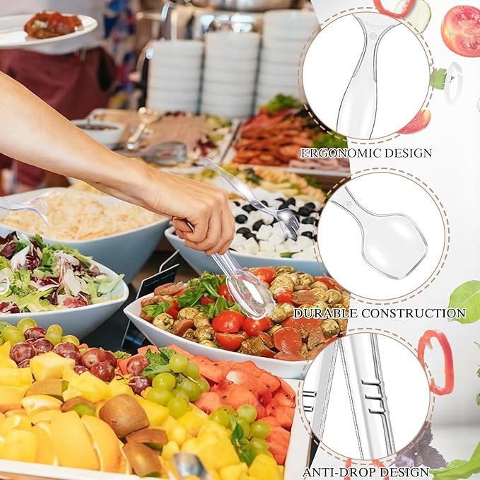 Mwellewm 36Pcs Serving Utensils 9'' Large Plastic Serving Utensils Set Serving Spoons for Buffet Clear Disposable Plastic Tongs Heavy Duty Slotted Spoons/Forks Supplies for Party Food Salad Soup
