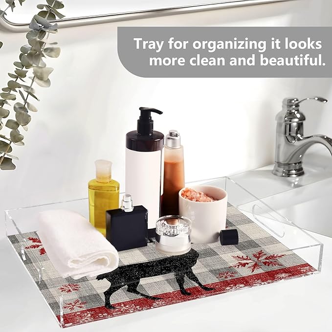 Serving Tray with Handles Clear Acrylic Tray 12x16 Inch Decorative Rectangular Tray Organizer for Ottoman Coffee Table Bathroom Grey Checkered Christmas Deer