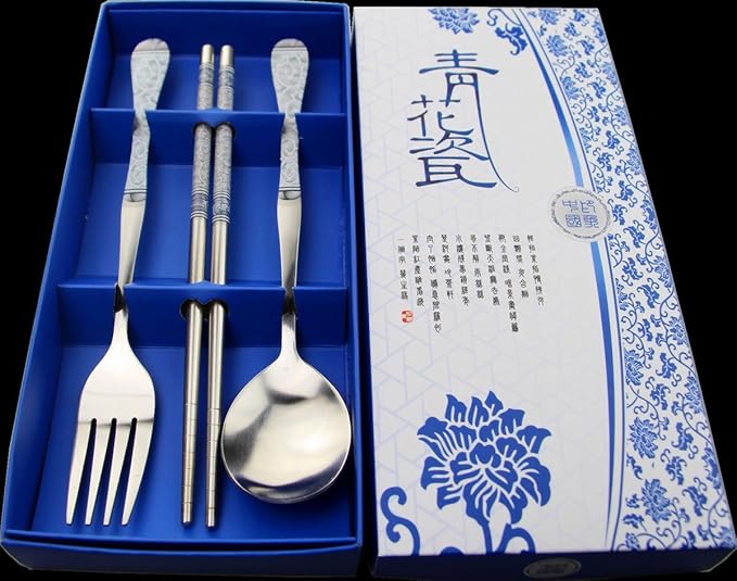 Stainless Steel Teaspoons Dinner Spoon Fork Chopsticks 3pcs Flatware Serving Sets，