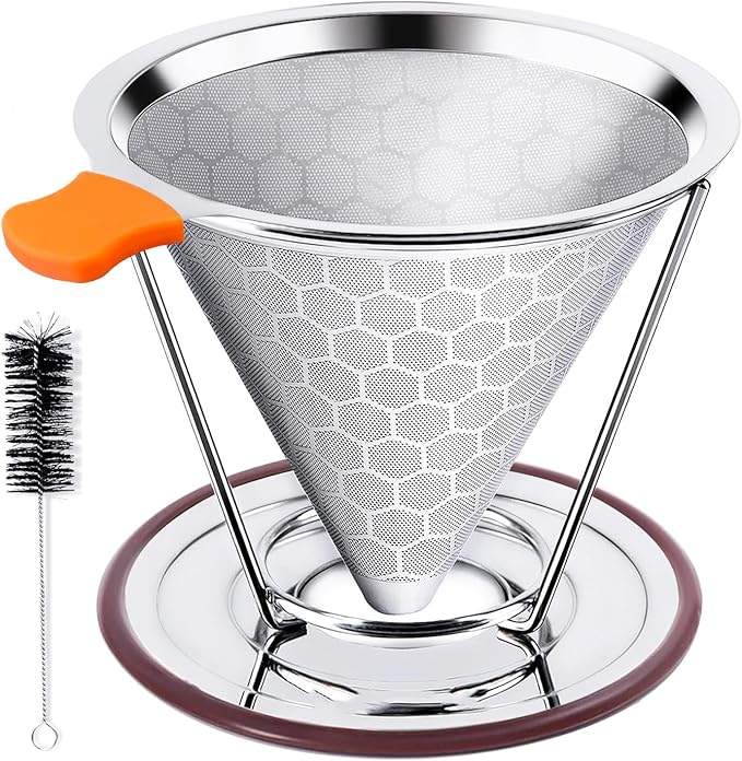 Pour Over Coffee Dripper, Stainless Steel Filter, Easy to Clean Paperless Pour Over Coffee Maker,Reusable Filter, Cone Dripper with Removable Cup Stand