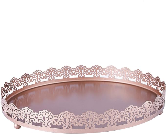 Plastic Round Premium Decorative Serving Tray with Embellished Rims - Rose Gold