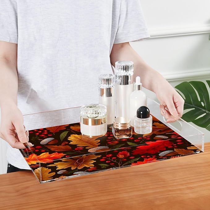 Serving Tray with Handles Clear Acrylic Tray 12x16 Inch Decorative Rectangular Tray Organizer for Ottoman Coffee Table Bathroom Autumn Maple Leaves Acorns Berries