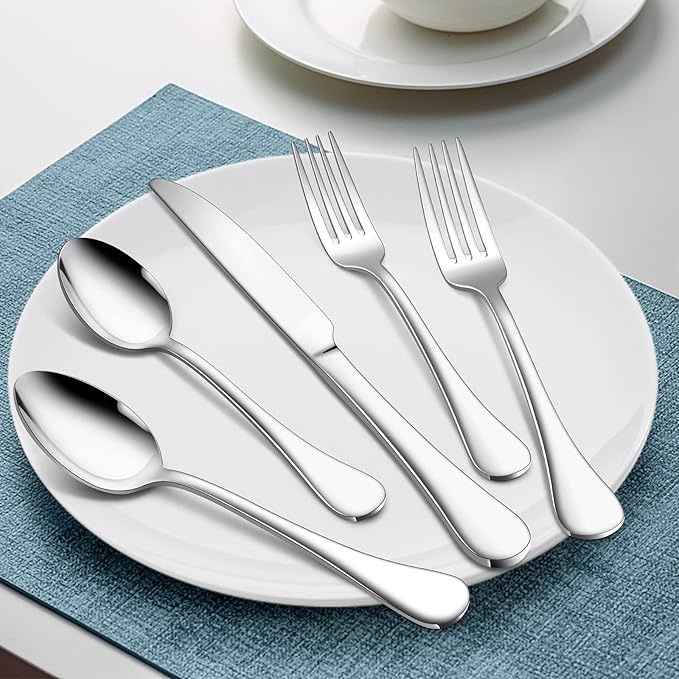 18/10 Stainless Steel Flatware Silverware Set for 12, E-far 60-Piece Cutlery Metal Eating Utensil Tableware Forks and Spoon Sets for Restaurant Wedding - Simple Fancy Style & Dishwasher Safe