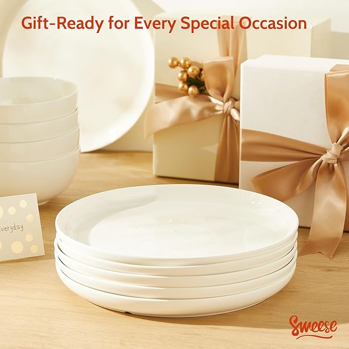 Sweese Porcelain Dinner Plates Set of 6, 10 Inch Lightweight Round Dish Set - Dishwasher, Microwave, Oven Safe, Scratch Resistant, Kitchen Serving Dishes - White