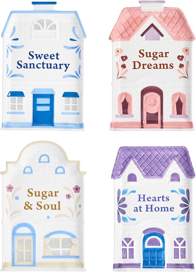 Bico Spice Cottages 8-Inch Hand-Painted Ceramic Appetizer Plates, Set of 4 Assorted Colors, Microwave & Dishwasher Safe for Salad, Dessert, Snacks