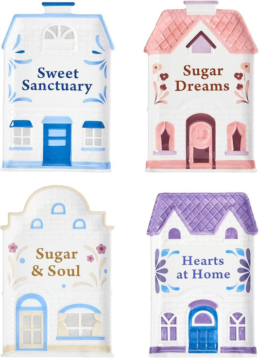 Bico Spice Cottages 8-Inch Hand-Painted Ceramic Appetizer Plates, Set of 4 Assorted Colors, Microwave & Dishwasher Safe for Salad, Dessert, Snacks