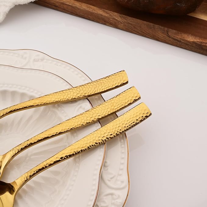 6 PCS Hammered Serving Utensils, Uniturcky Stainless Steel Serving Spoons Set, Square and Thick Hostess Serving Set, Includes 2 Serving Spoon 2 Serving Fork and 2 Slotted Spoon, Mirror Gold