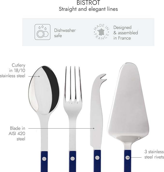 SABRE PARIS - 4-Piece Serving Set - Bistrot Collection - 2 Serving Flatware, Serrated Pie Server, Large Cheese Knife - Stainless Steel & Nylon - Dishwasher Safe - Navy Blue - Brilliant Finish