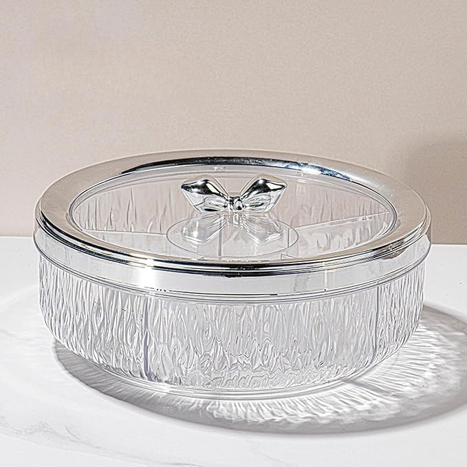 Divided Serving Tray with Transparent Lid Snack Tray Rotatable Base Appetizer Platter with 6 Compartments Dessert Dish Suitable for Gift Giving Home D, Silver Bow