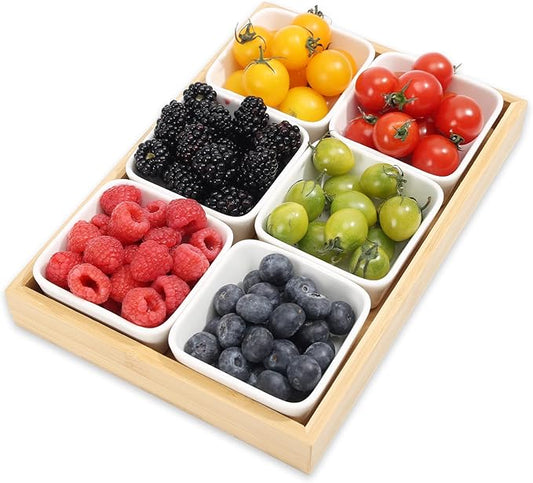 Ceramic Snack Bowls with Bamboo Tray Set,Divided Serving Bowls and Platters for Hosting & Party,Removable Serving Dishes for Chips and Dip,Fruit,Veggies,Candy and Snacks Kitchen Decor (6)