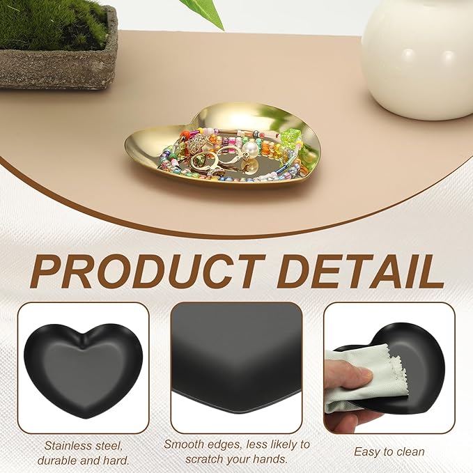 uxcell Heart Shape Serving Trays, 3.54" Stainless Steel Decorative Jewelry Dish, Small Vanity Tray for Bathroom Aromatherapy Candle Drink Plate,Black