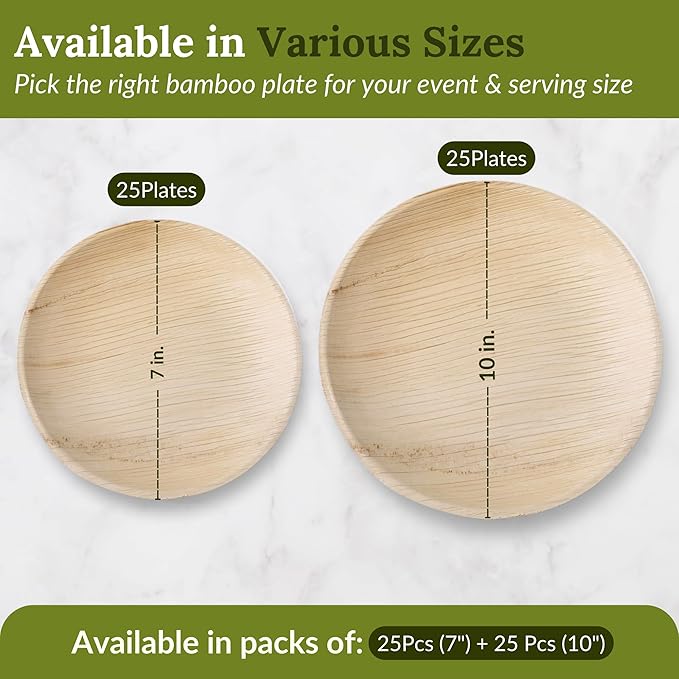 50 Pack 10" & 7" Round Palm Leaf Bamboo Plates – Compostable & Disposable Appetizer Plates, Strong Decorative Tableware for Weddings, Lunch, Dinner, BBQ, Picnics & Outdoor Events