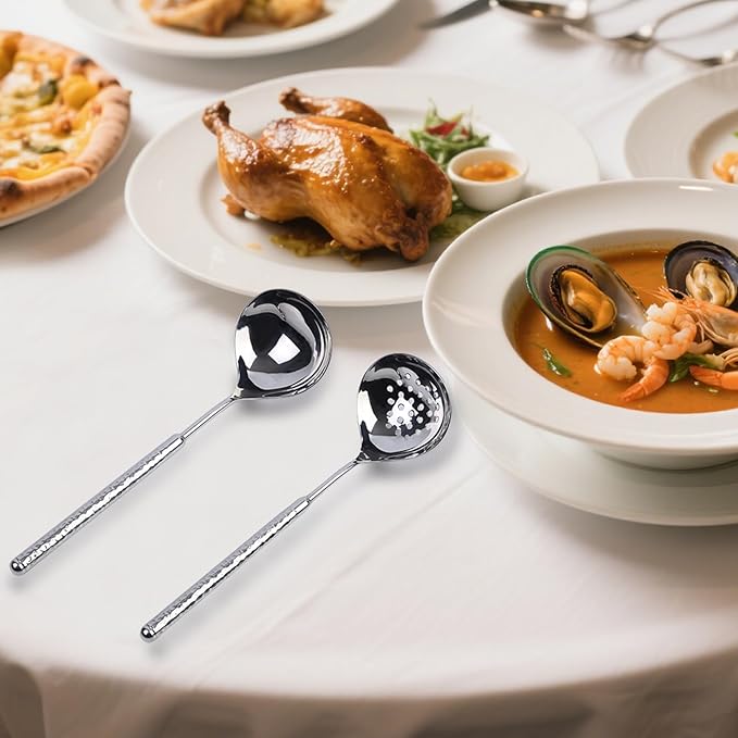 Soup Ladle and Slotted Spoon Set 18/8 Stainless Steel, 9.4" Small Metal Ladle Spoon and Strainer Scoop Gravy Colander, for Hotpot, Buffet, Party, Restaurants, Kitchen, 2-Pack